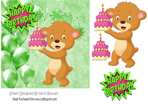 cute teddy bear with birthday cake and green ballooons 7x7