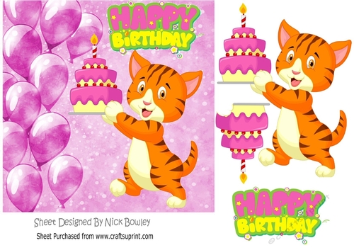 cute tiger with birthday cake and pink ballooons 7x7