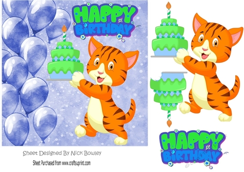 cute tiger with birthday cake and blue ballooons 7x7