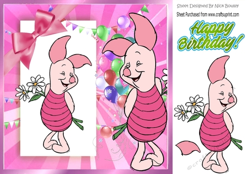 Cute piglet with daisies, bow & balloons 8x8