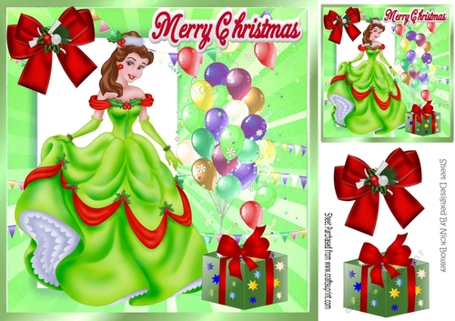 pretty princess belle in christmas gown with red bow & balloons 8x8