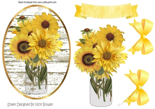Pretty vase of yellow sunflowers with bows topper/card front