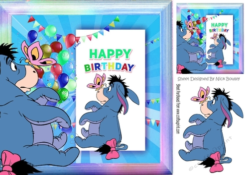 Cute Eeyore in Rainbow frame with butterfly & balloons 8x8