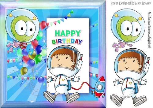Spaceboy with Alien in rainbowbow frame with balloons 8x8