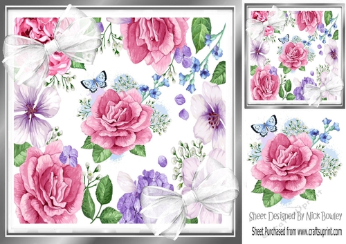 Pink roses & white bows 8x8