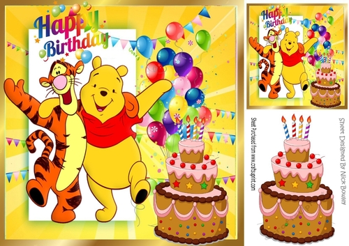 Happy pair pooh & tigger with balloons and yummy birthday cake 8x8