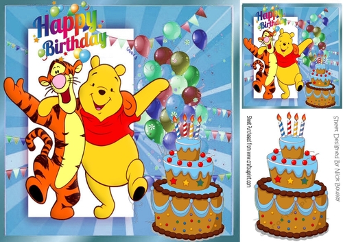 Happy pair pooh & tigger with balloons and yummy blue birthday cake 8x8