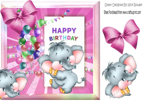 cute ele with pink bow and balloons 8x8