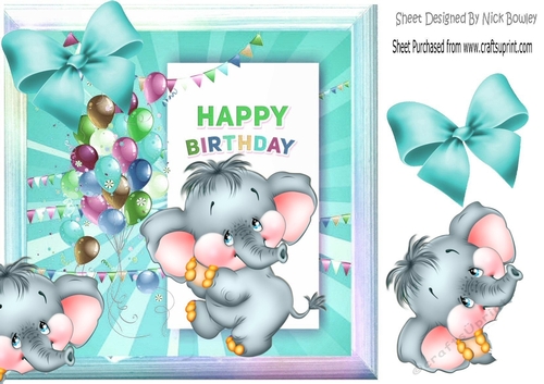 cute ele with turq bow and balloons 8x8