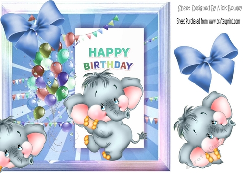 cute ele with blue bow and balloons 8x8