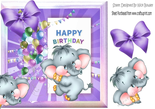 cute ele with purple bow and balloons 8x8