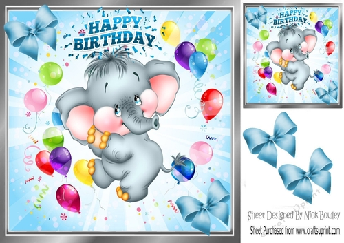 Cute little ele with balloons and corner blue bows 8x8