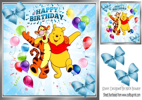 Dancing pooh bear with tigger, balloons and corner blue bows 8x8