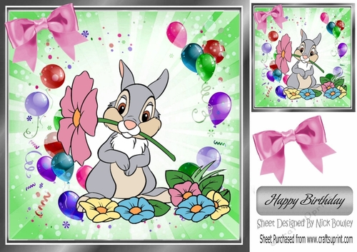 Thumper the bunny with flowers and balloons 8x8