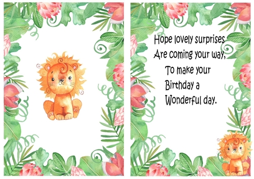 cute little water colour lion in flower jungle A5 card front/insert