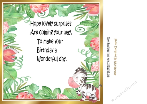 cute little water colour zebra in flower jungle 8x8 card front