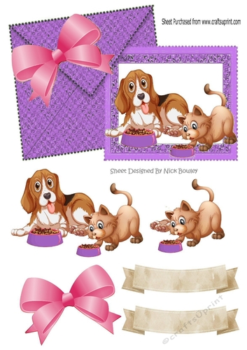 Cute puppy and kitten on card/envelope card front with pink bow A5