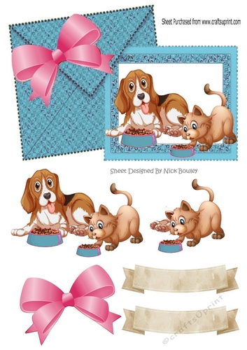 Cute puppy and kitten on card/envelope card front with bow (blue) A5