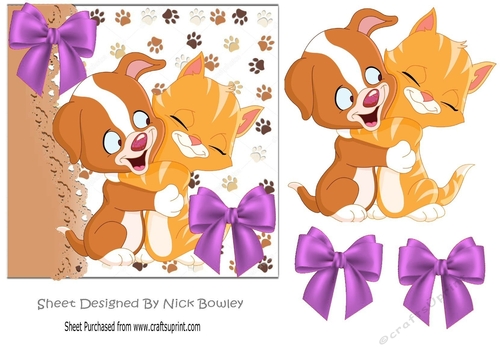 Puppy and kitty cuddles with purple bows 7x7