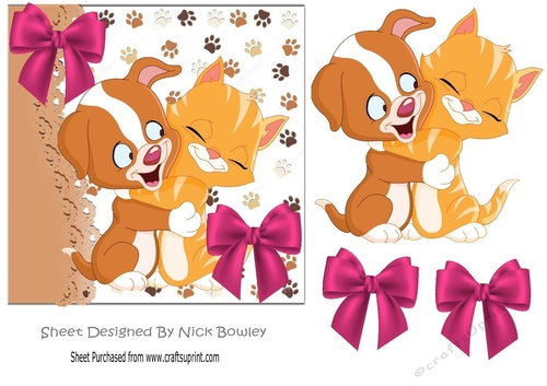 Puppy and kitty cuddles with pink bows 7x7