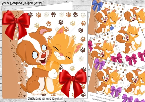  4 cute puppies  and kittens cuddling with bows 7x7 card fronts mini kit