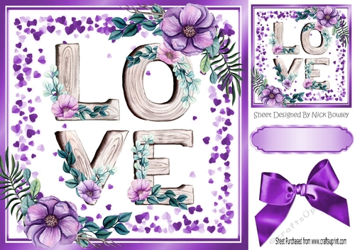 Pretty purple floral  LOVE Word with bow and hearts 8x8