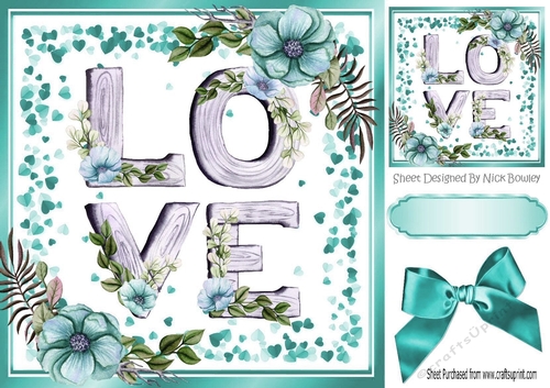 Pretty turq floral  LOVE Word with bow and hearts 8x8