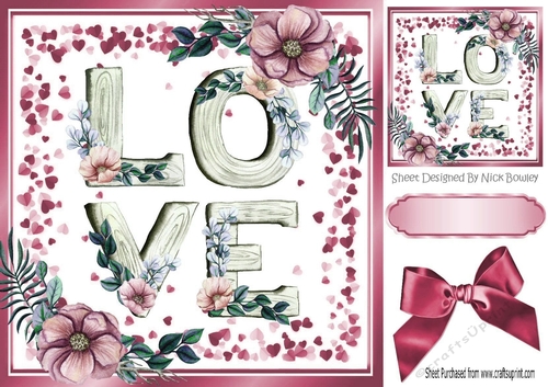 Pretty pink floral  LOVE Word with bow and hearts 8x8
