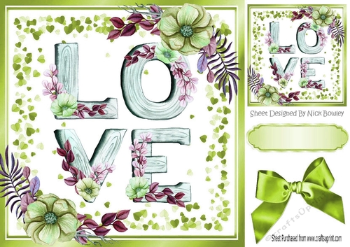 Pretty green floral  LOVE Word with bow and hearts 8x8