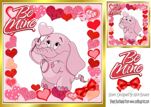 Cute pink ele with hearts and red bow 8x8