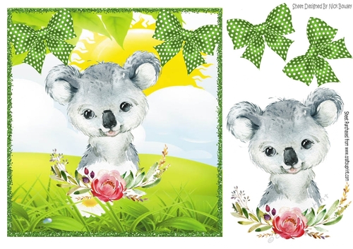 Cute little watercolour koala bear with green polkadot bows 8x8