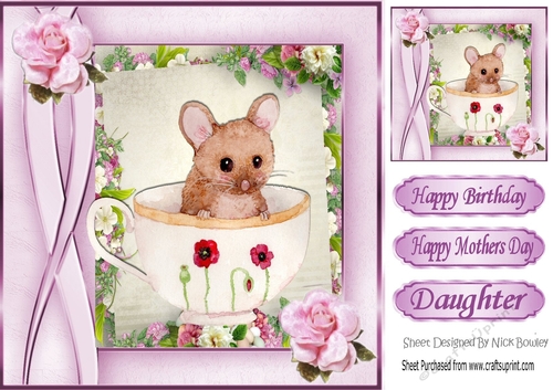cute little water colour mouse in teacup with roses 8x8
