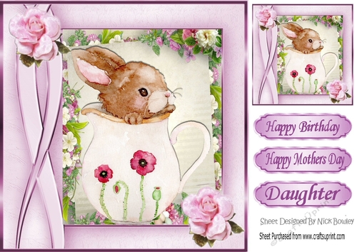 cute little water colour bunny in a vase playing peekaboo with roses 8x8
