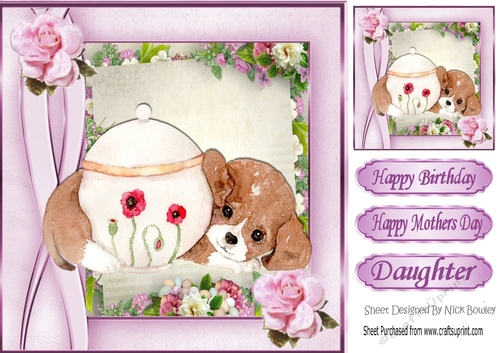 cute little water colour  puppy with roses 8x8