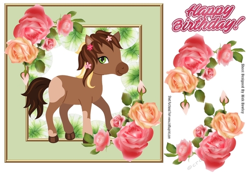 Cute brown pony with pink roses