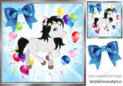 Little grey pony with balloons and blue bow 8x8