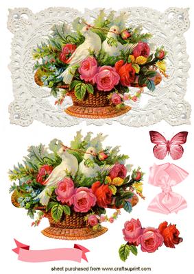 Flower Basket with Doves on Ecru Lace