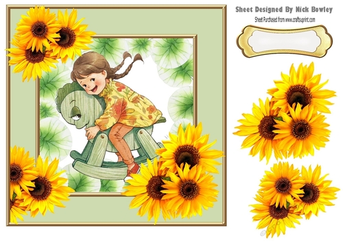 Cute little girl on a rocking horse with yellow sunflowers 7x7