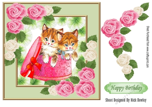 Cute kittens in hat box with pink/white roses 7x7