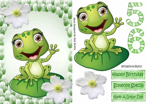 Cute little frog on a lily pad with white lilies in balloon frame A5