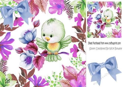 Sweet little green bird on a branch in flower frame 8x8