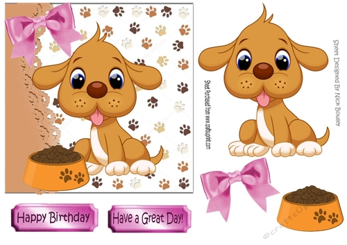 Cute puppy with pink bow and dish 7x7