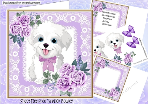 Cute white puppy in lace 8x8 frame with roses mini kit