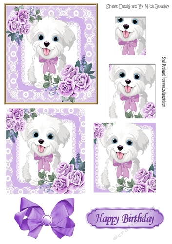 Cute white puppy in lace frame with  bow, pyramids