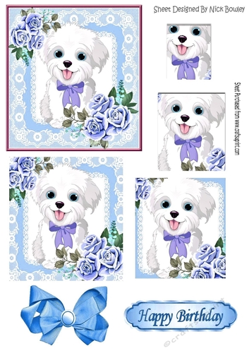 Cute white puppy in lace frame with  bow, pyramids (blue)