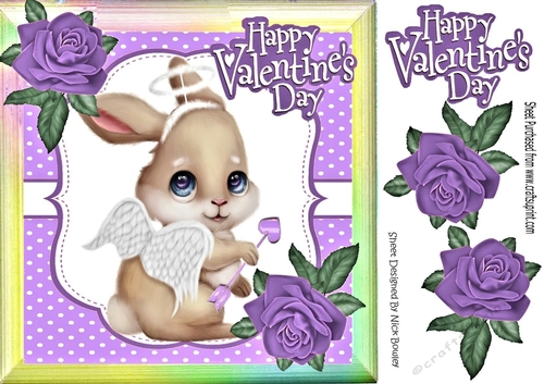Cute valentine bunny with purple roses in rainbow frame 8x8