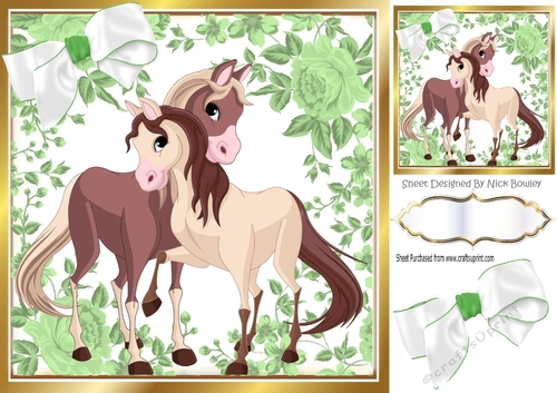 Lovely cuddling horses in rose frame 8x8
