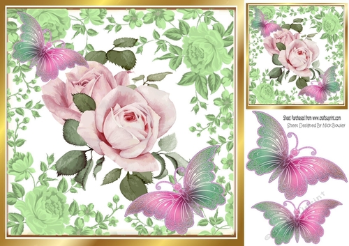 Lovely pale pink roses with butterflies in rose frame 8x8