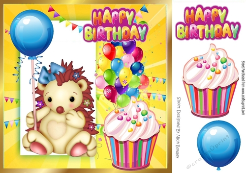 Cute hedgehog with blue balloon and birthday cake 8x8