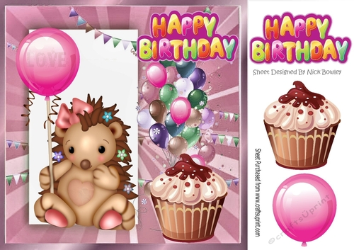 Cute hedgehog with pink balloon and birthday cake 8x8